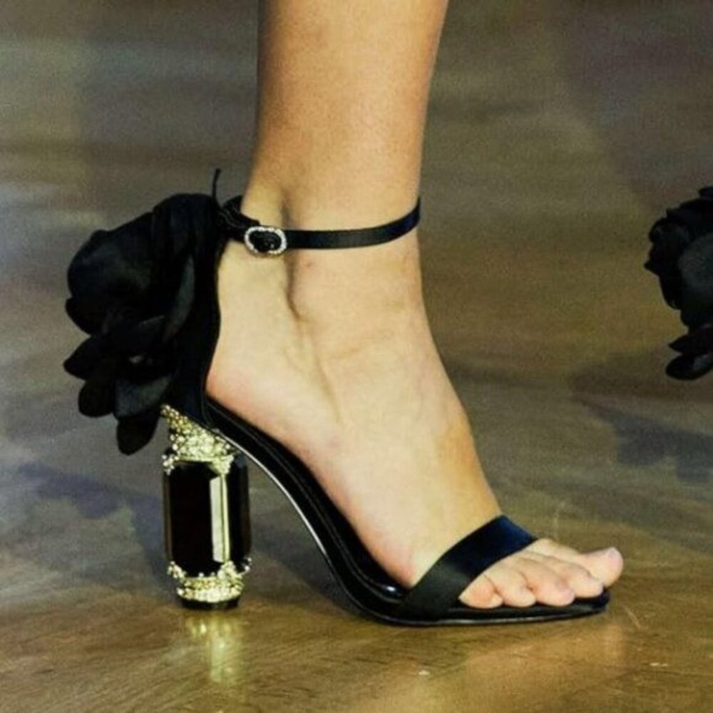 FSJ Black Flower Open Toe Ankle Strap Chunky Crysta High Heel Wedding Sandal